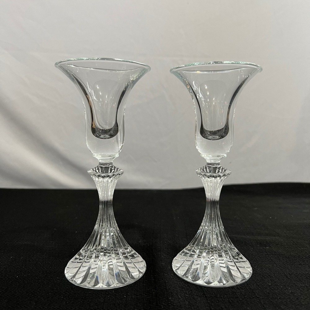 Vintage Clear Fluted Glass Taper Candlestick Holders Set of 2 Trumpet Base 7.25"